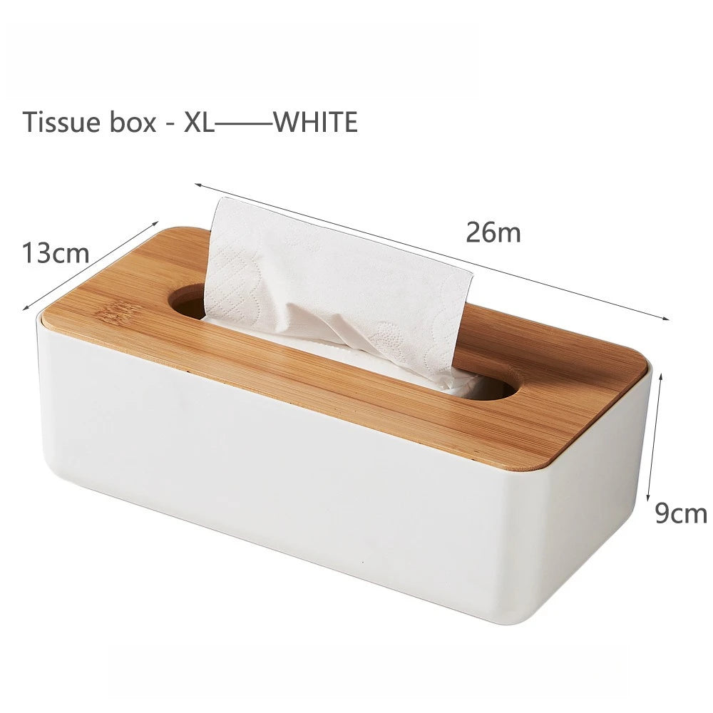 Bamboo Lid Plastic Tissue Box Organizer Rectangular Paper Towel Holder for Living Room Bathroom Kitchen Storage Peaceful Pleasures Health and Wellness White