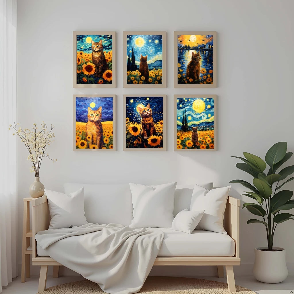 Nordic Wall Art Cat Sunflowers Wall Art Van Gogh Style Canvas Painting Modern Style Poster Prints Bedroom Living Room Wall Decor Peaceful Pleasures Health and Wellness