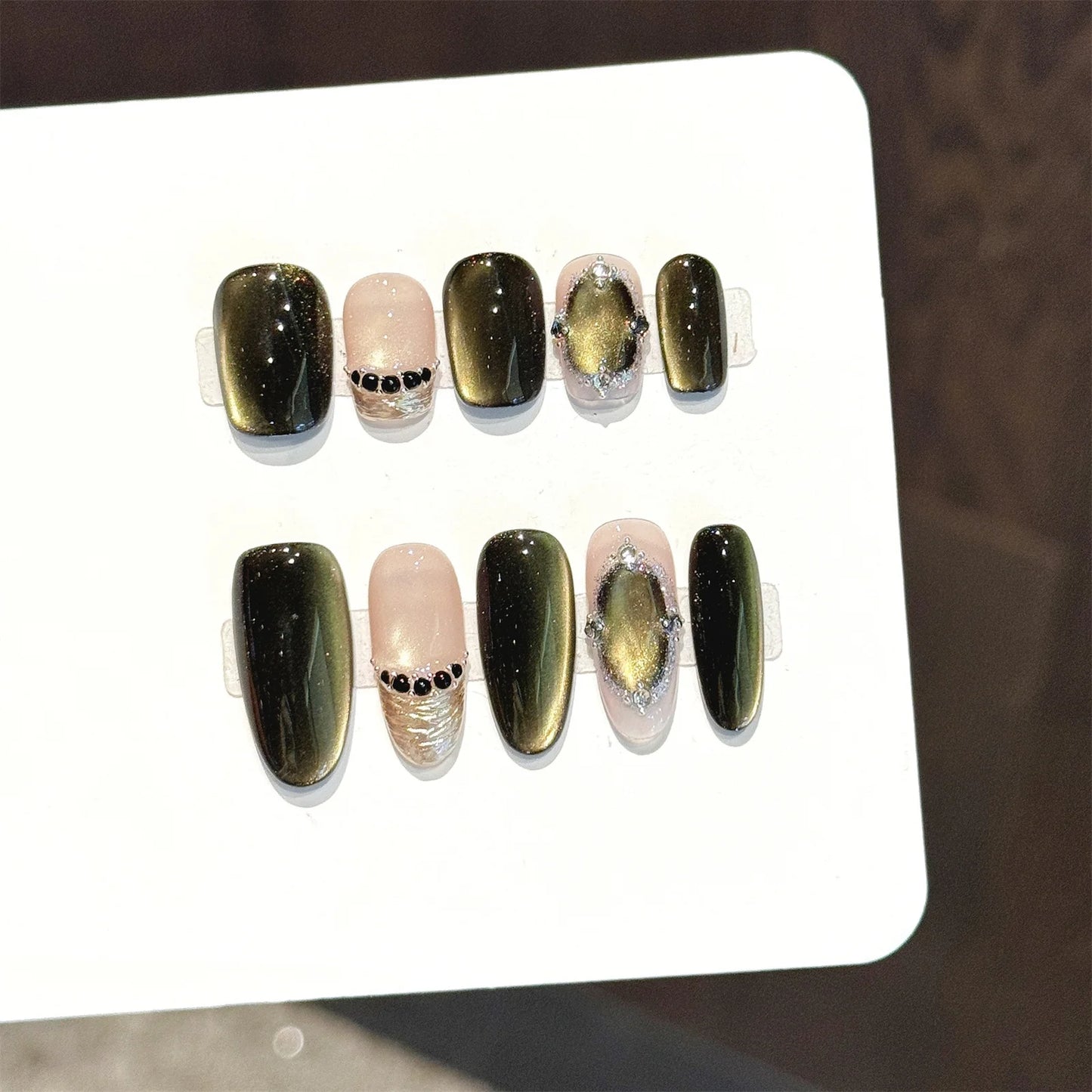 10Pcs Handmade Dark Green Cat's Eye Press on Nails Almond Advanced Fake Nails with Designs for Women Wearable Ballet Nail Art Peaceful Pleasures Health and Wellness