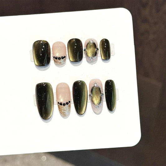10Pcs Handmade Dark Green Cat's Eye Press on Nails Almond Advanced Fake Nails with Designs for Women Wearable Ballet Nail Art Peaceful Pleasures Health and Wellness