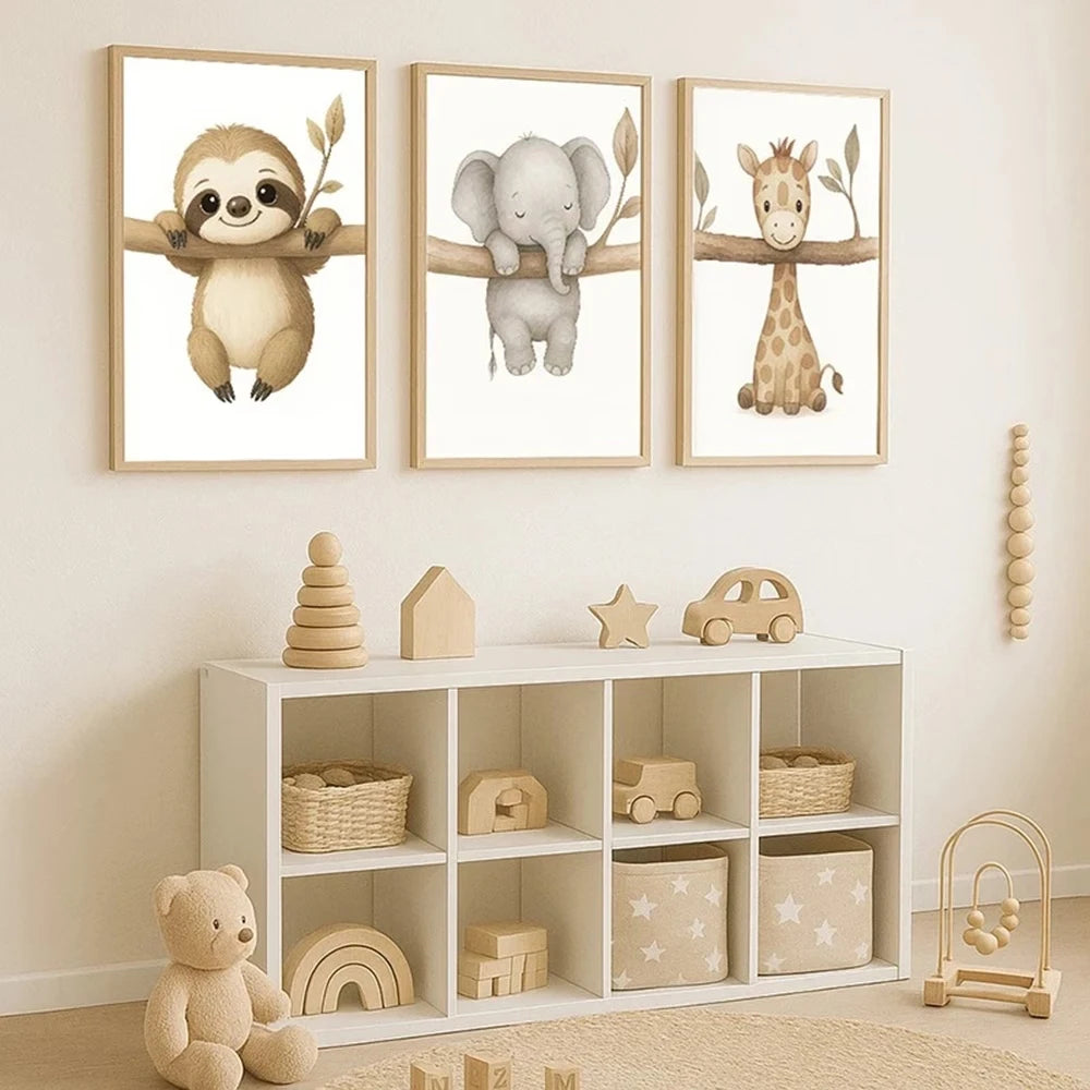 3-Piece Cartoon Elephant Giraffe Canvas Wall Art Print Set