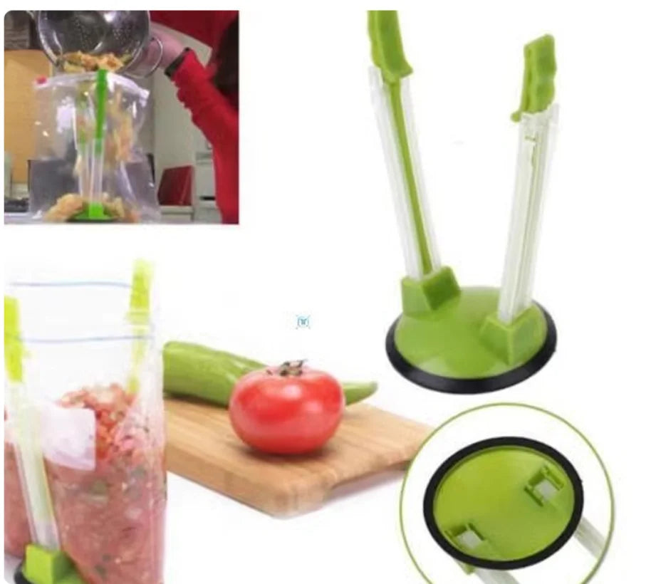 Household food storage bag holder, packaging bag opener, support stand Peaceful Pleasures Health and Wellness
