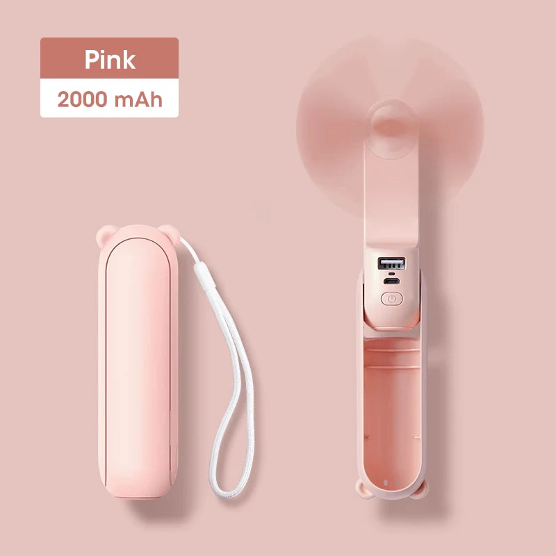Portable Handheld Fan Mini Electric Fans USB 2000mAh Recharge Hand Held Small Pocket Fan with Power Bank Long Battery Life Peaceful Pleasures Health and Wellness 2000mAh Pink