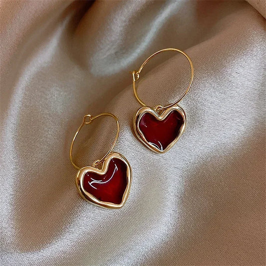 Wine Red Heart-shaped Earrings Women Simple Temperament Versatile Peaceful Pleasures Health and Wellness A