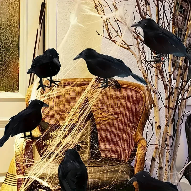 Realistic Black Crow Halloween Decoration – Flocked Feather Prop