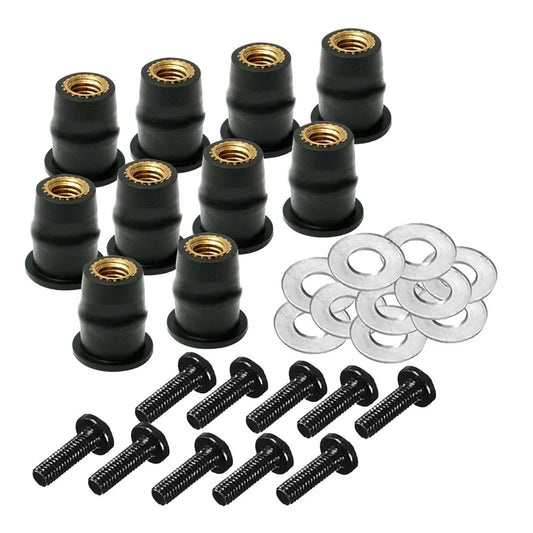 M5 M6 Motorcycle Windshield Bolt & Rubber Well Nut Set – 30Pc Windshield Fastener Kit Peaceful Pleasures Health and Wellness
