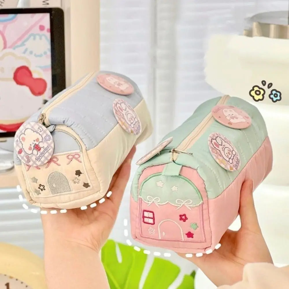 Cute House Shaped Pencil Cases Large Capacity Multi Layer Pen Stationery Storage Bags Creative Embroidery Student Cosmetic Pouch Peaceful Pleasures Health and Wellness