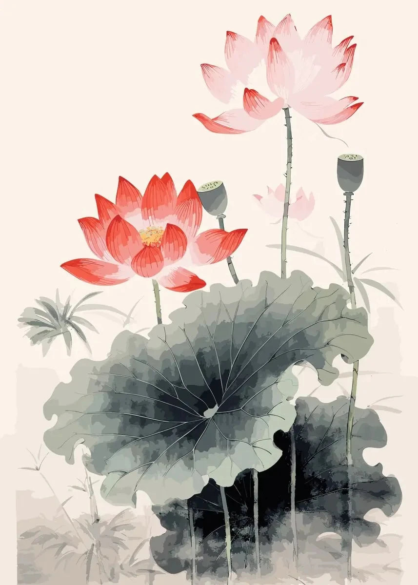 Chinese Lotus Flower Canvas Wall Art Print | Unframed Poster