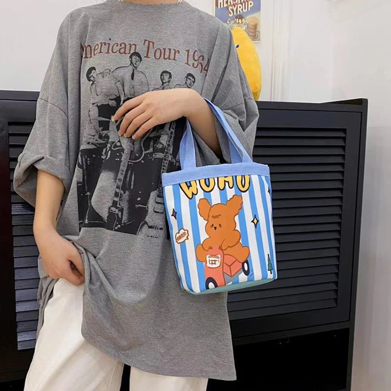 Cute Animal Doodle Canvas Bucket Bag | Cylindrical Lunch Tote