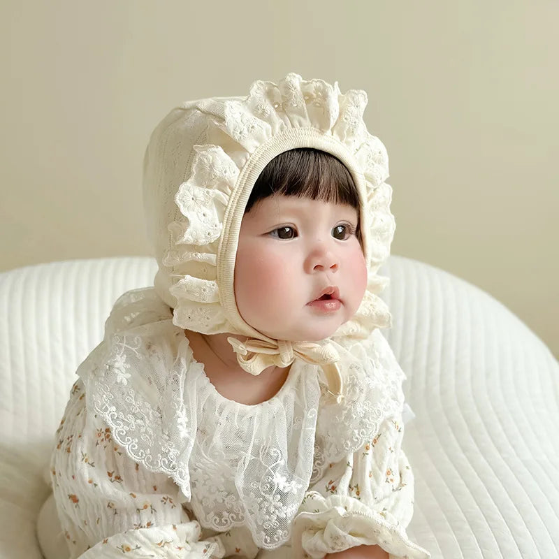 Baby Girl Lace Ruffle Bonnet Hat | Newborn Photo Prop Cap