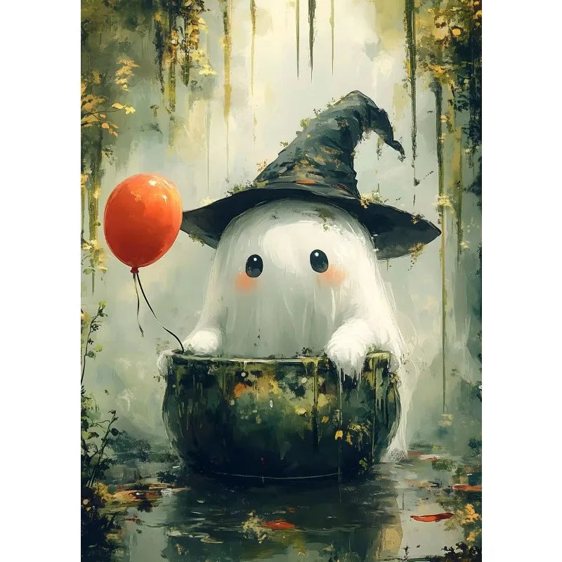 Halloween Ghost & Pumpkin Canvas Wall Art | Dark Academia Poster Canvas Wall Art Peaceful Pleasures Health and Wellness