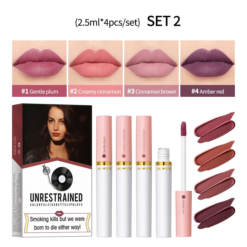 4pcs/set Velvet Lip Gloss Matte Liquid Lipstick Waterproof Long Lasting Tint Cigarette Tube Pigment Red Pink Makeup Peaceful Pleasures Health and Wellness set 2