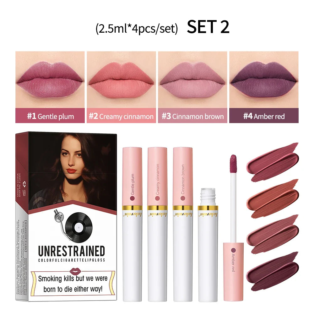 4-Piece Matte Liquid Lipstick Set – Velvet, Waterproof Lip Gloss
