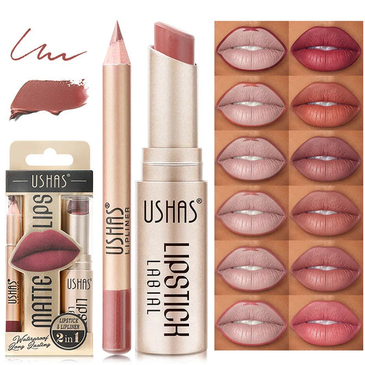 USHAS 12-Color Matte Lipstick & Lip Liner Set – Waterproof Lip Makeup Set Oasis Select