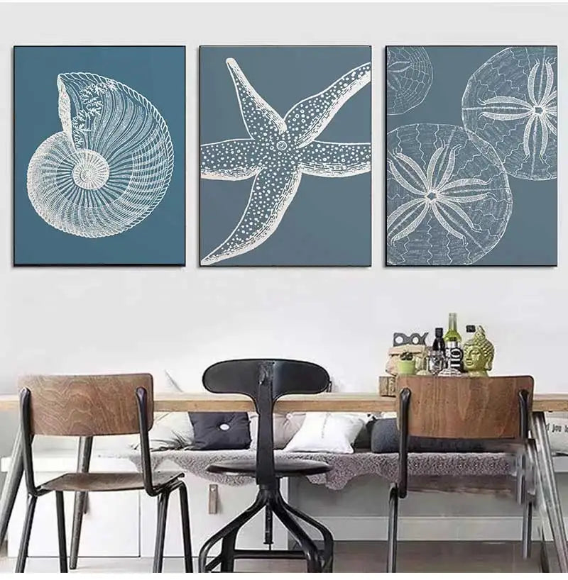Coastal Blue Beach Antique Shell Sketch Poster, Starfish Jellyfish Conch Oil Painting Print, Wall Art for Kids Room Home Decor Peaceful Pleasures Health and Wellness