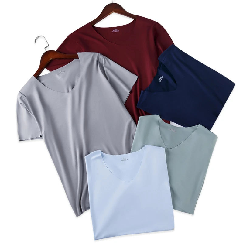 Men's Skinny Shirt Ice Silk Basic Shirts Solid Color Breathable Seamless T-shirt Men Thin Slim Bottoming V-Neck Shirt For Male Peaceful Pleasures Health and Wellness