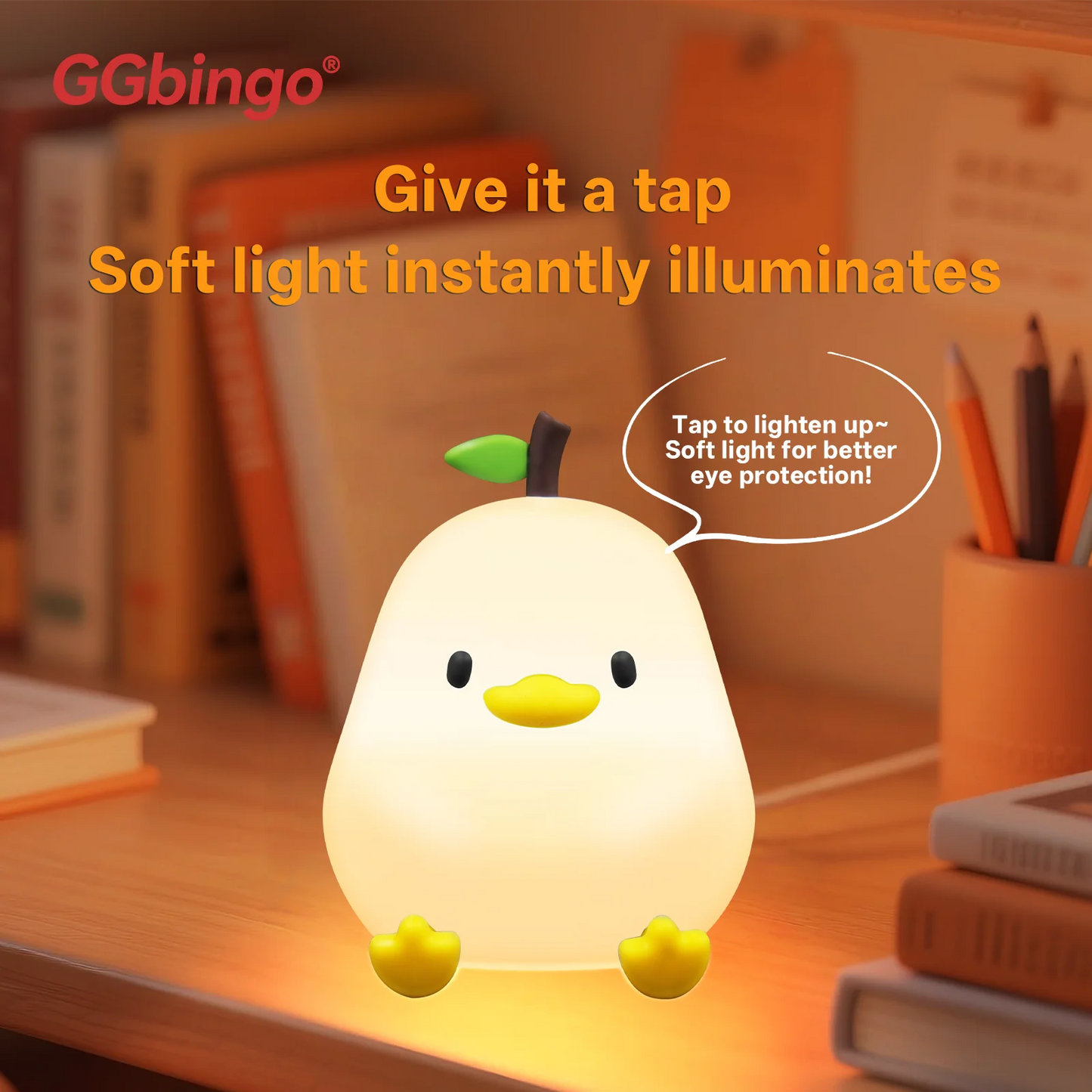 Cute Pear Night Light 7-Color Dimmable Touch-Controlled Night Light Silicone Stress Reducing Pat Duck Lamp USB Rechargeable Peaceful Pleasures Health and Wellness