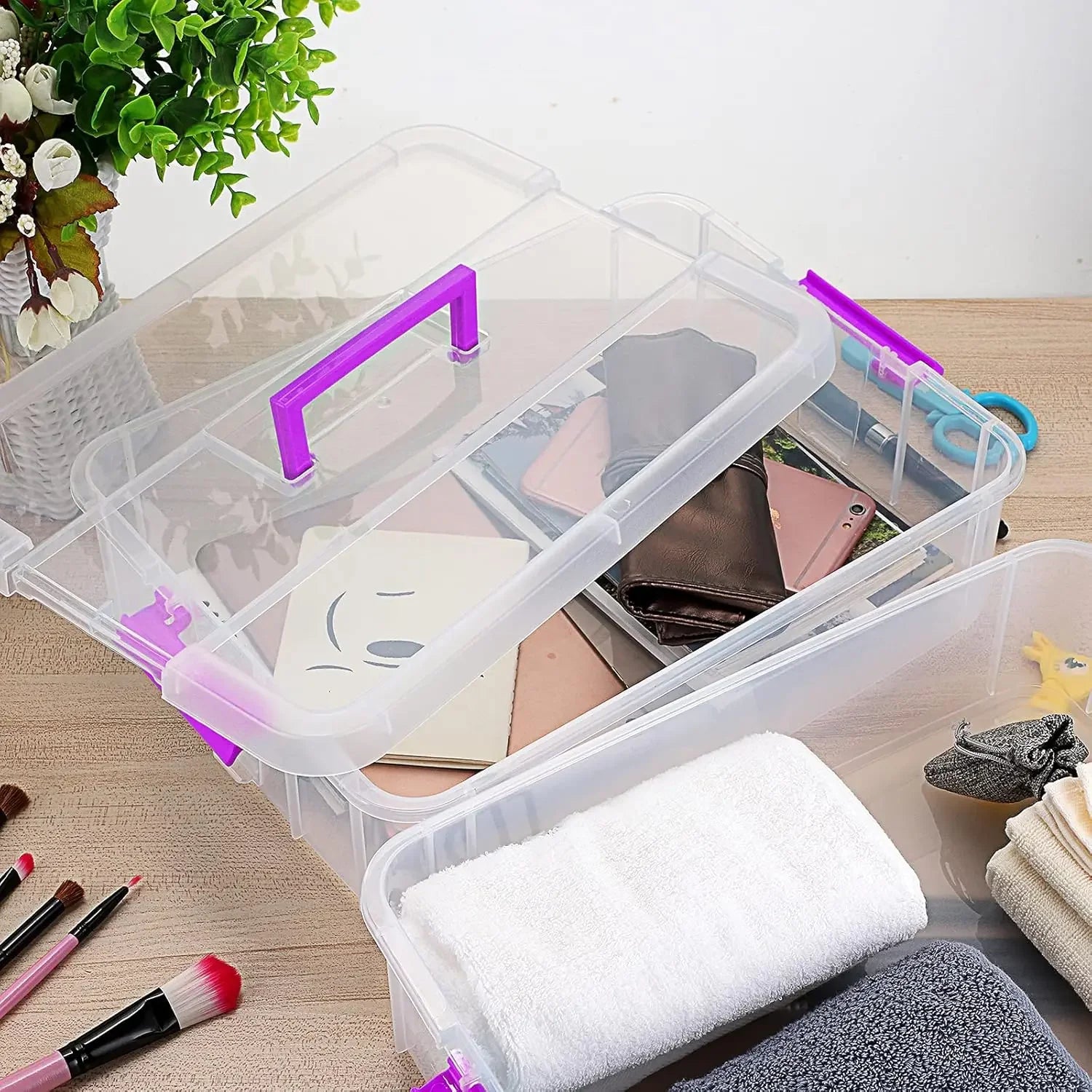 2-Tier Stackable Storage Box with Handle, Portable Organizer for Crafts, Stationery & Beauty Supplies (Purple) Peaceful Pleasures Health and Wellness