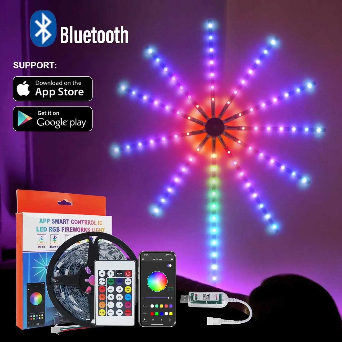 RGB Firework LED Strip Lights – App & Music Sync, 180 LEDs