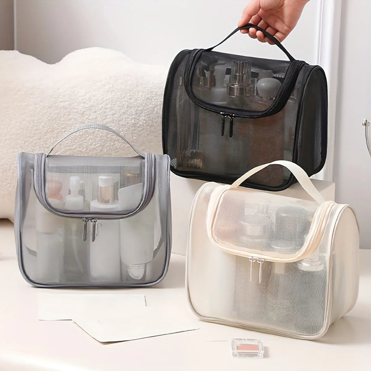 Transparent Mesh Cosmetic Bag – Travel Toiletry Organizer