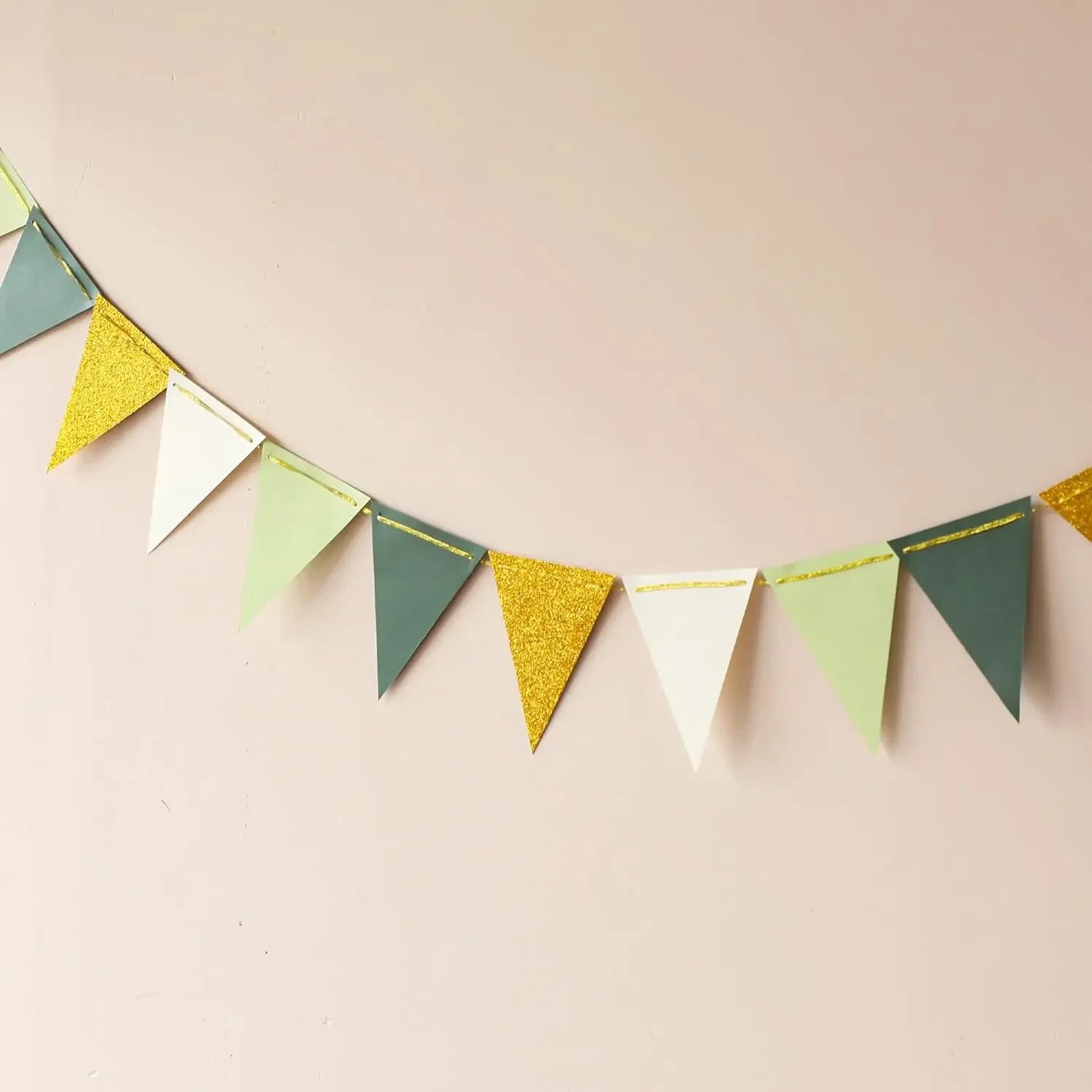 16 pcs flag Large Gold Green(10 Feet), Paper Triangle Flags Bunting for Greenery Shower Wedding Nursery Classroom Birthday Party Peaceful Pleasures Health and Wellness