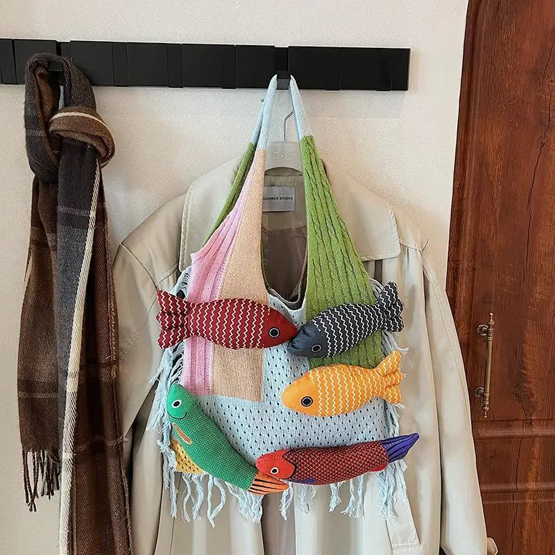 Fish Tassel Knitted Shoulder Bag – Casual Tote for Women & Girls