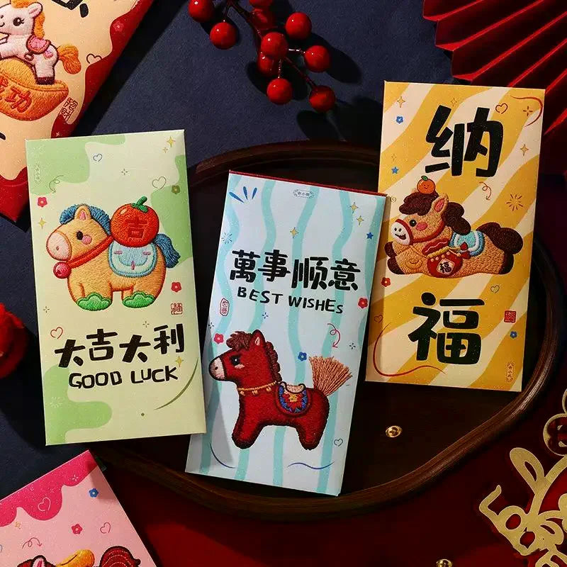 6-Pack Year of the Horse 3D Embroidery Red Envelopes | Lunar New Year