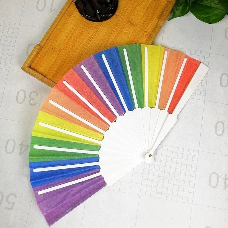 Plastic Hand Crank Fan Foldable Oriental Rainbow Silk Fabric Pocket