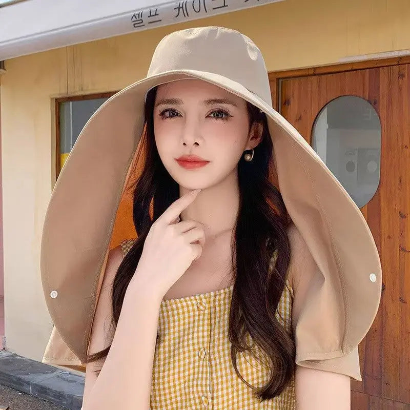 Summer Women's Sun Protection with Neck Cover Sunshade Protection Hat Large Brim Face Covering Hat Face Mask Neck Protection Hat Peaceful Pleasures Health and Wellness khaki