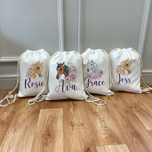 Custom Horse Riding Bag Children Gym Bag Change of Clothes Drawstring Backpack Kindergarten Back To School Horse Riding Gift Peaceful Pleasures Health and Wellness