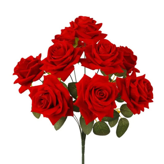 9-Head Artificial Rose Flower Branch | Real Touch Faux Roses Artificial Flower Branch Oasis Select Red