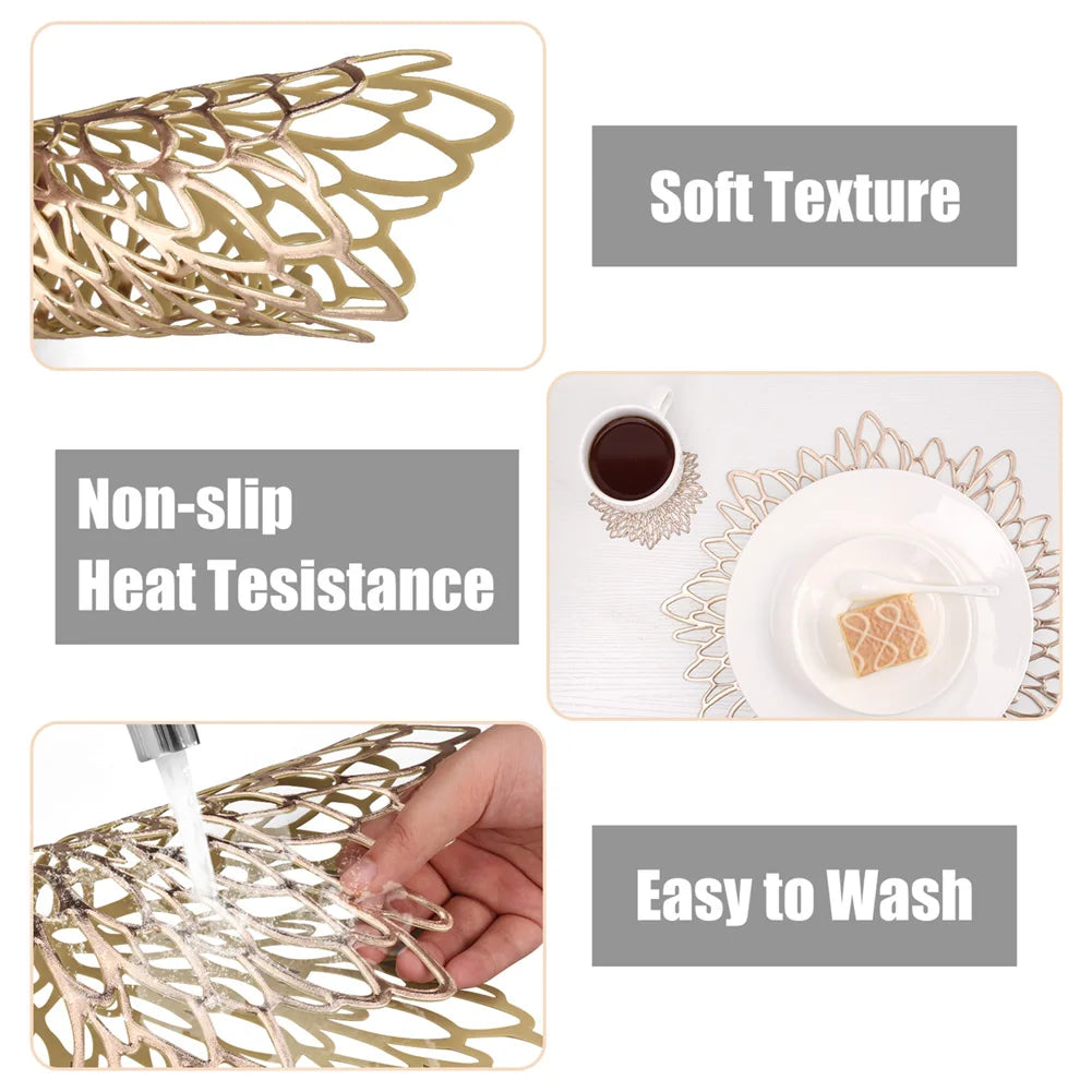 10CM/38CM Vinyl Hollow Out Cup Coaster PVC Flower Round Irregular Placemat Pads for Kitchen Wedding Party Holiday Home Decor Peaceful Pleasures Health and Wellness