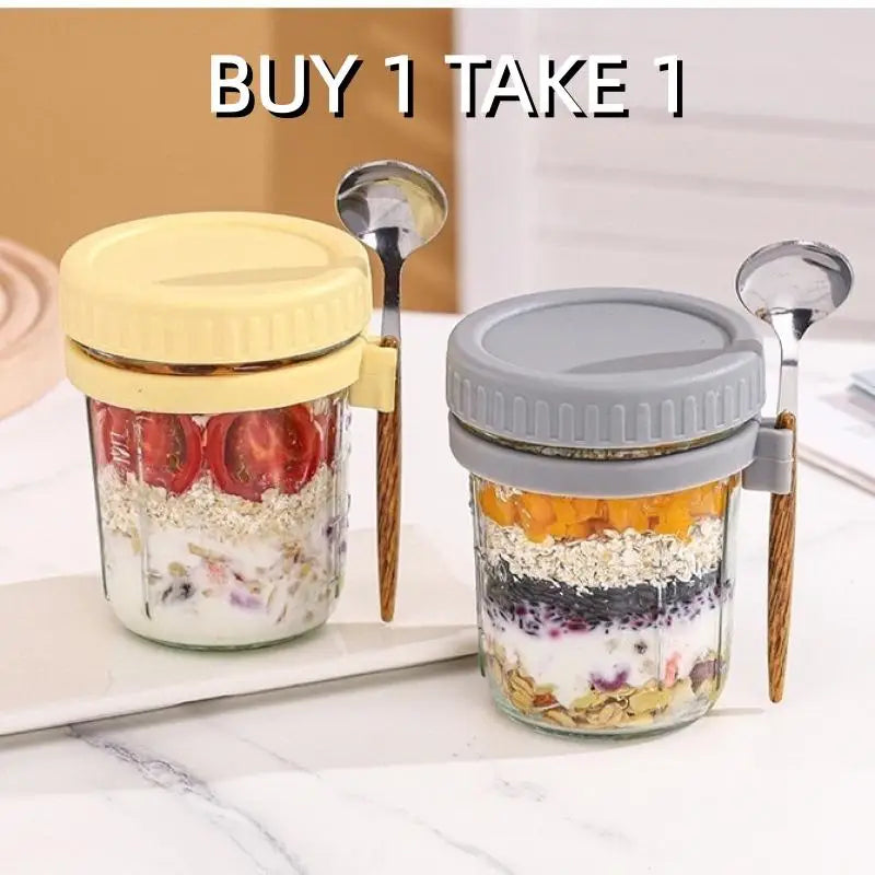 350ml Glass Overnight Oats Jar with Lid & Spoon | 1 or 2 Pack Glass Food Storage Jar Peaceful Pleasures Health and Wellness