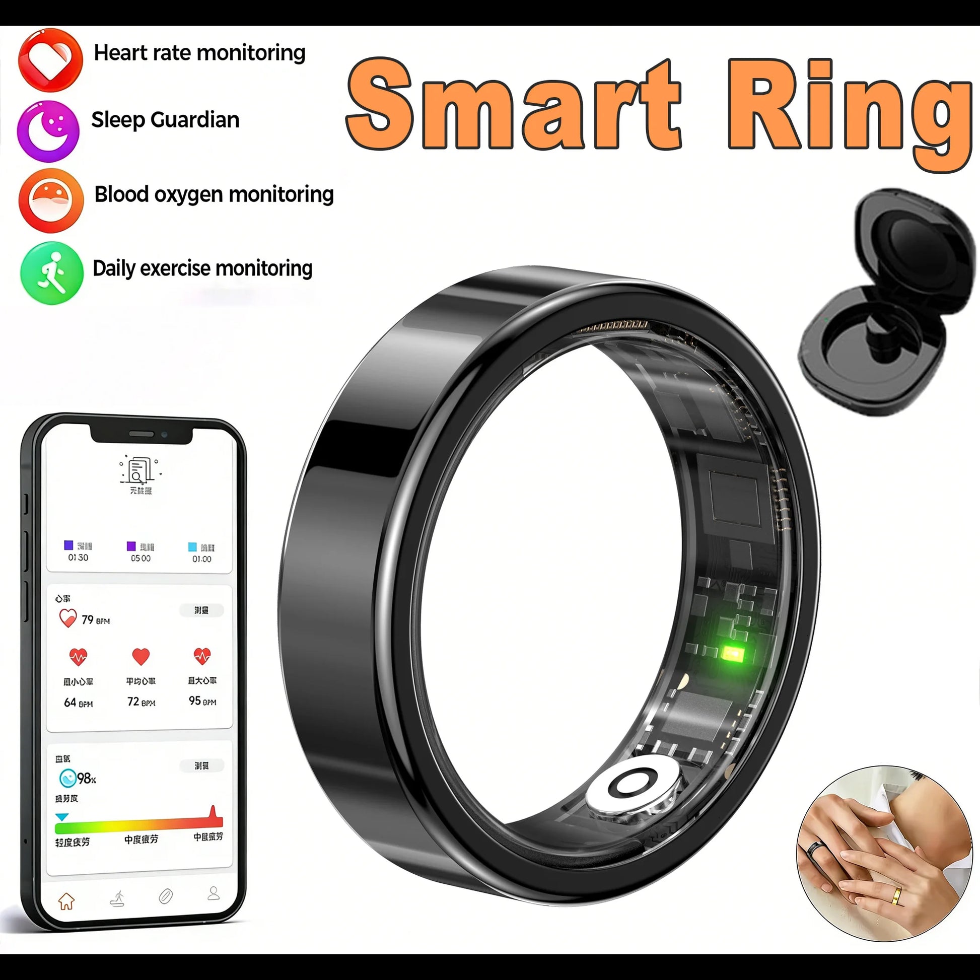 2026 New Men Women Smart Ring IP68 WaterProof Multi-Sport Mode Heart Rate Blood Oxygen Monitoring Control Photography Smartring Peaceful Pleasures Health and Wellness ProBlack 9