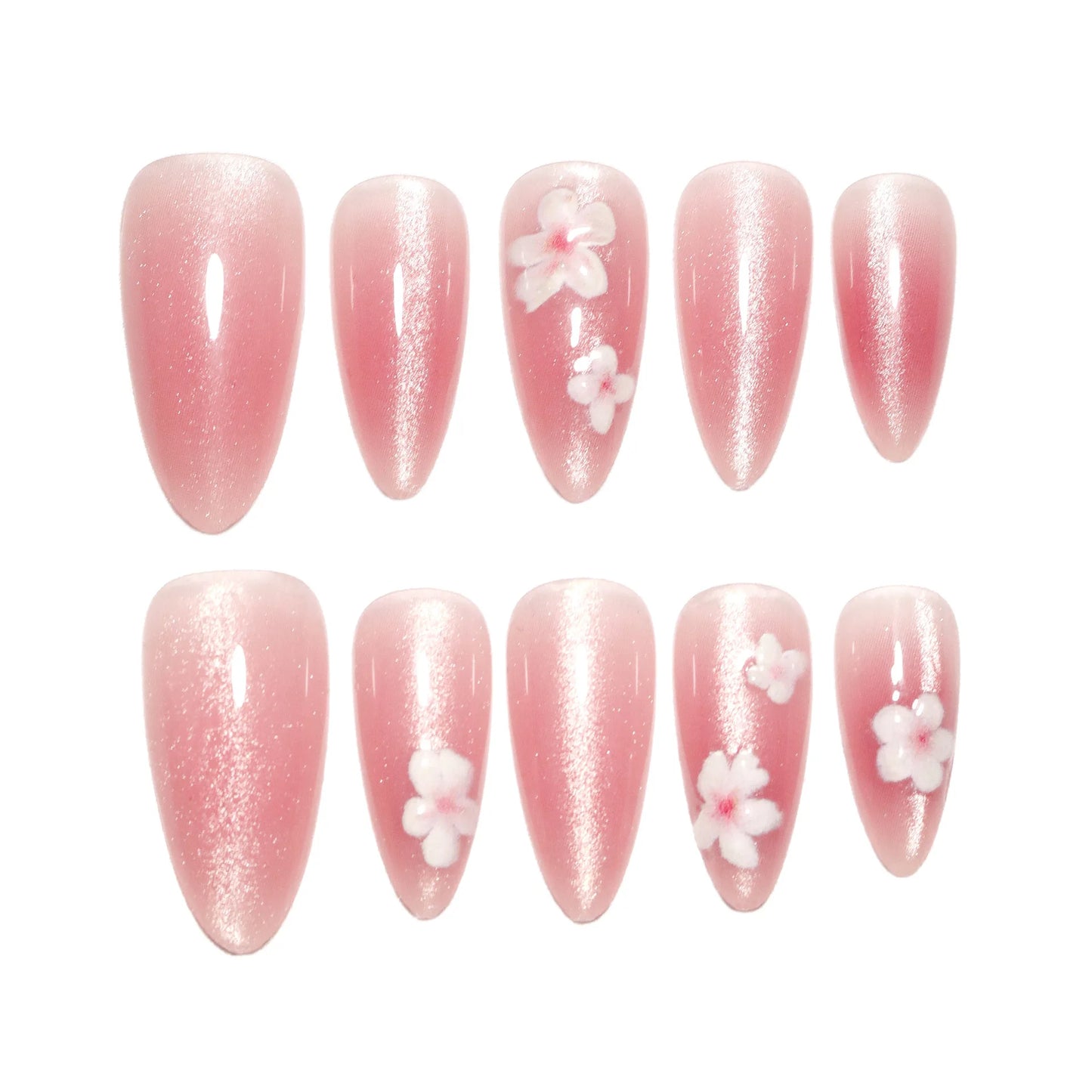 Handmade Press on Nails Sweet Pink Cat Eye False Nails Simple White Flowers Printed Korean Style Almond Shaped Fake Nail Tips Peaceful Pleasures Health and Wellness