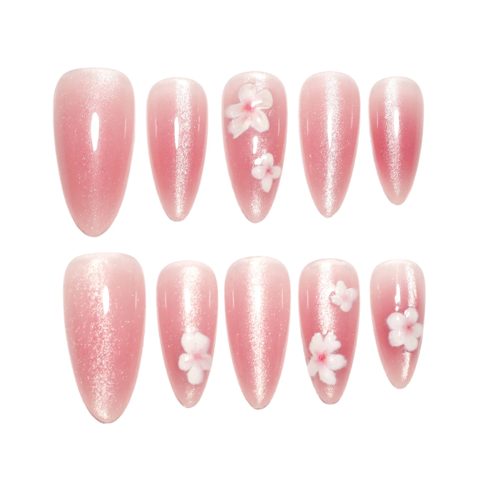 Handmade Press on Nails Sweet Pink Cat Eye False Nails Simple White Flowers Printed Korean Style Almond Shaped Fake Nail Tips Peaceful Pleasures Health and Wellness