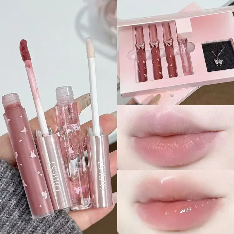 QIBEST New 4 PCs Soft Lip Colors Makeup Kits Include 3*Matte Liquid Lipstick And 1*Lip Balm Oil Cosmetic Sets With Necklace Gift Peaceful Pleasures Health and Wellness