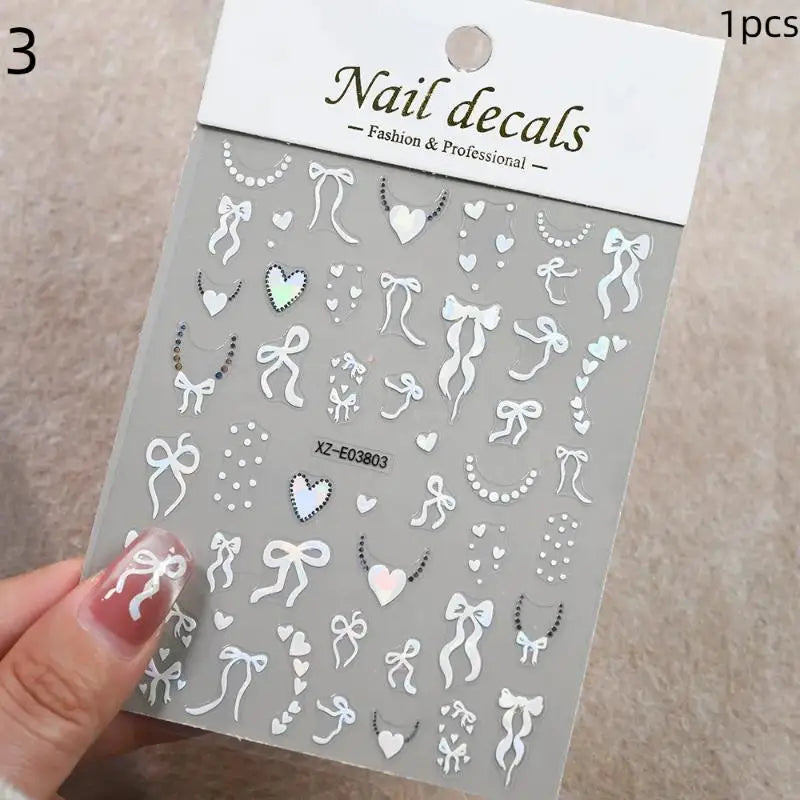 Aurora French Ribbon Heart Nail Stickers Pearl Love Chain Adhesive Nail Decals Valentine's Day Bows Manicure Sticker Peaceful Pleasures Health and Wellness 3