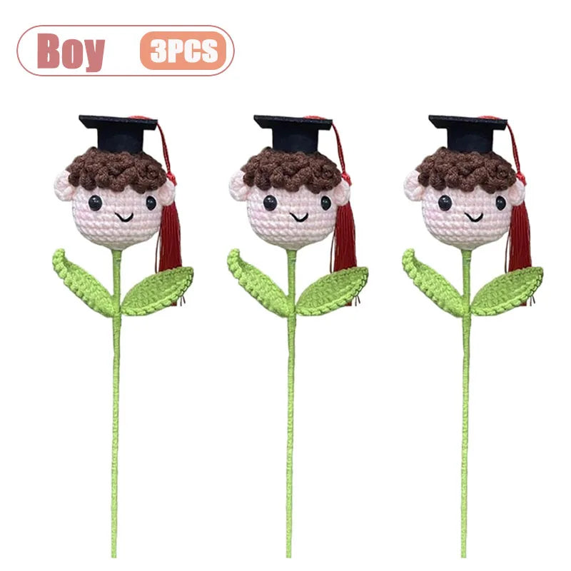 Graduation Crochet Bouquet with Cap | Handmade Knitted Flowers