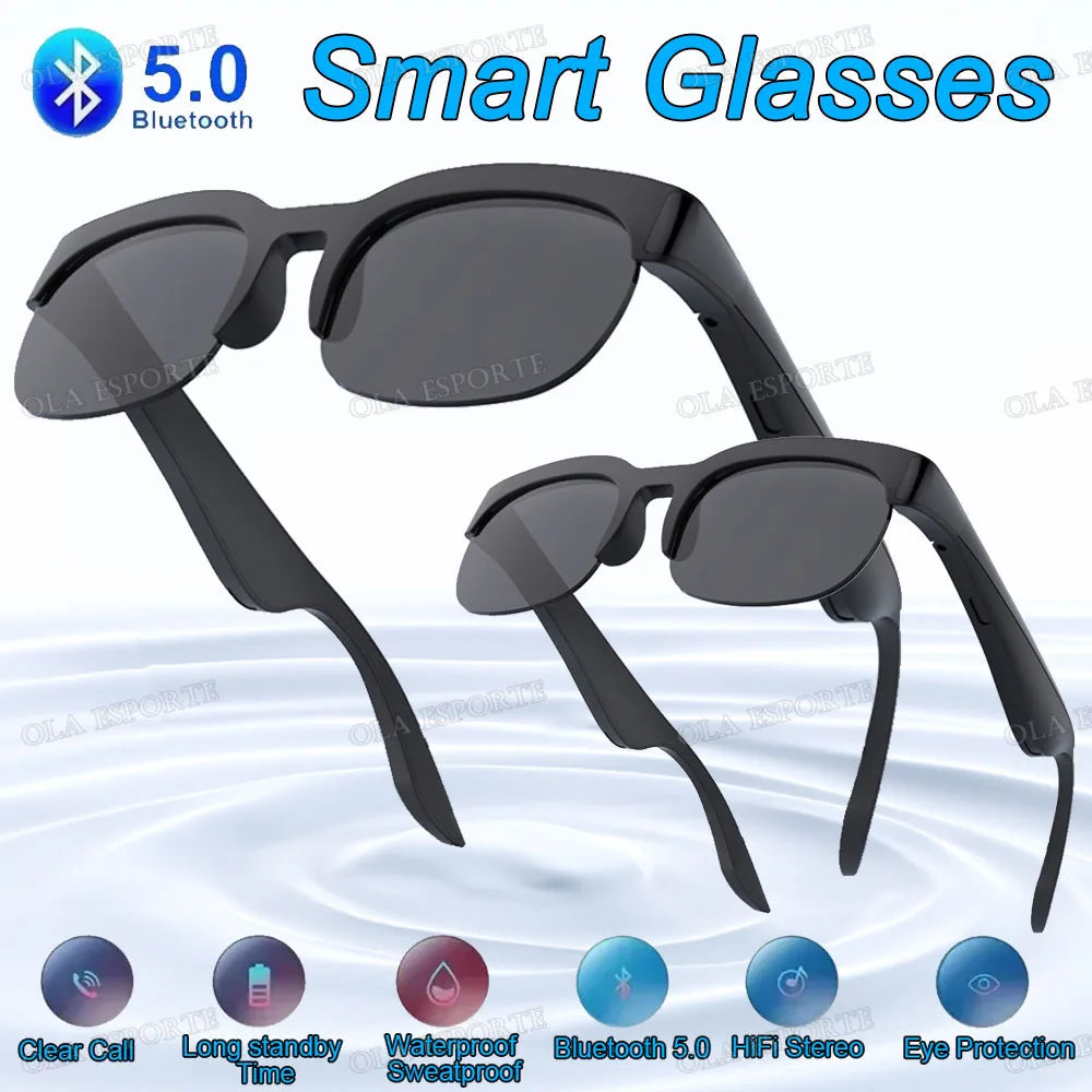 New Smart Glasses Men Bluetooth 5.3 Earphones Anti-Blu-ray Stereo headset Dual Speaker Touch Music Control Headphone Sunglasses Peaceful Pleasures Health and Wellness 2Bk-Bk