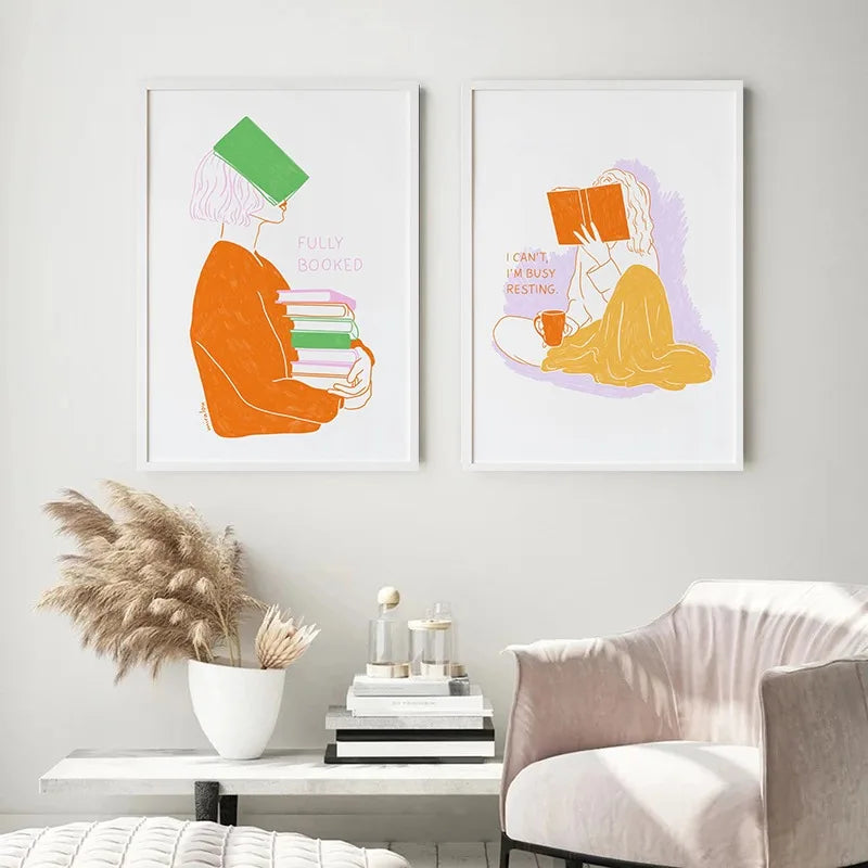 Modern Minimalist Line Girl Illustration Poster Girly Busy Resting Reading Book Canvas Painting Wall Art Living Room Home Dec Peaceful Pleasures Health and Wellness