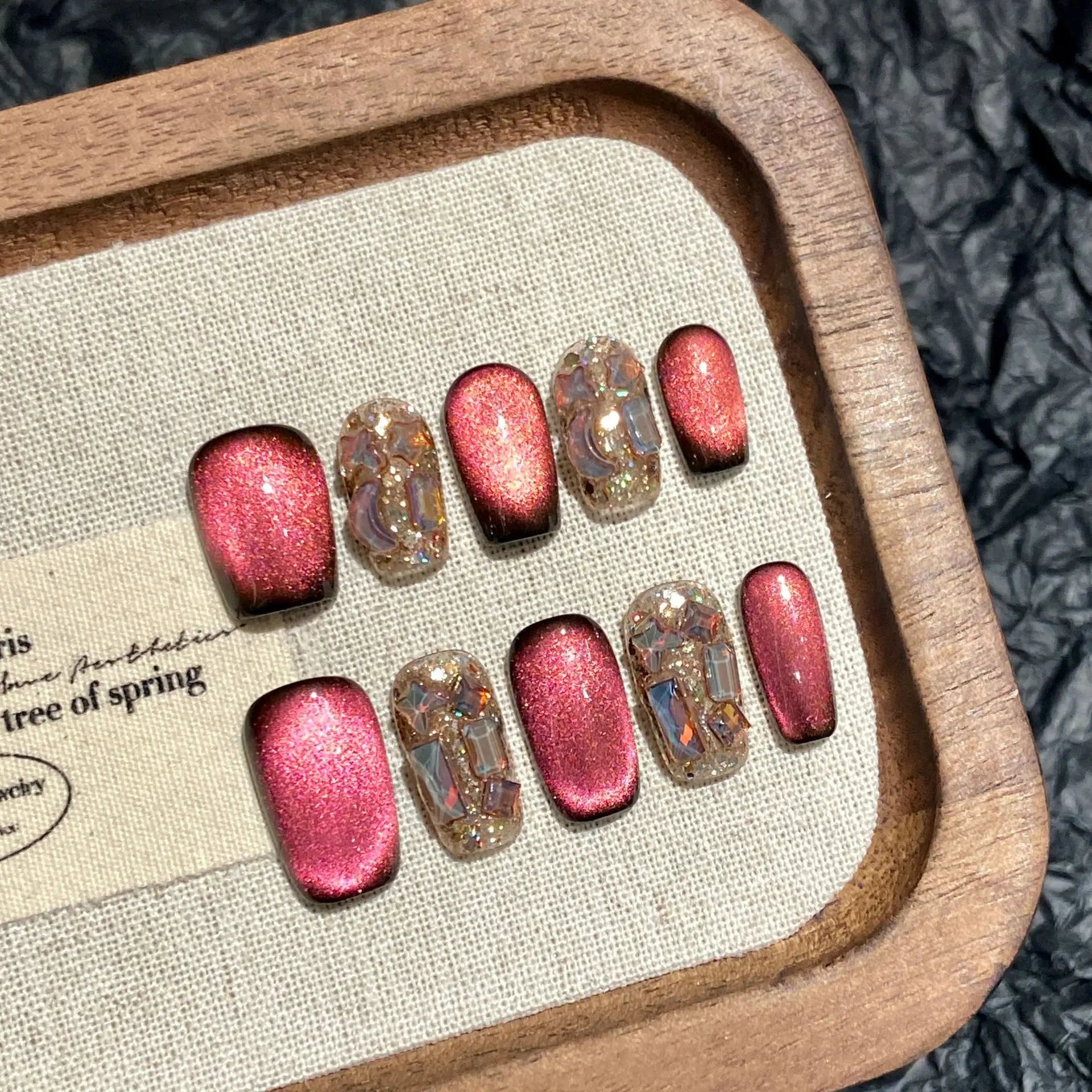 Handmade Press on Nails Glitter Raspberry Wine Red French Cat Eye Fake Nails Wearable Full Cover Sweet Korean Short False Nails Peaceful Pleasures Health and Wellness