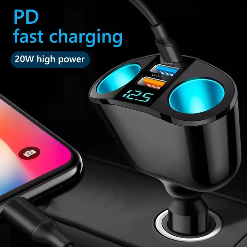 120W Car Charger USB-C QC3.0 Dual USB with LED Voltage Display