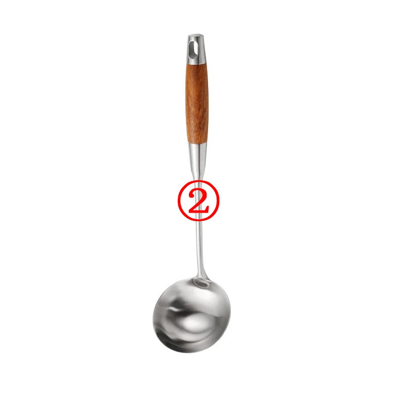 Rosewood Handle Stainless Steel Cookware Set Kitchen Durable Wok Spatula Colander Shovel Cooking Utensil Kitchenware Accessories