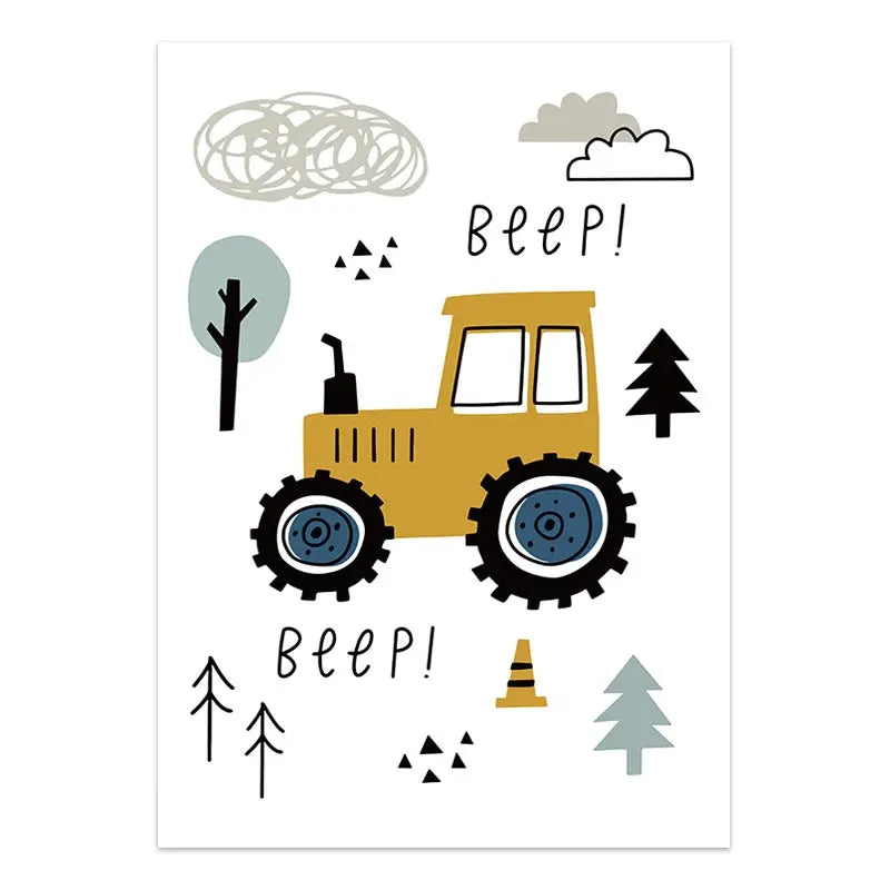 Cartoon Construction Vehicles Canvas Wall Art | Boys Nursery