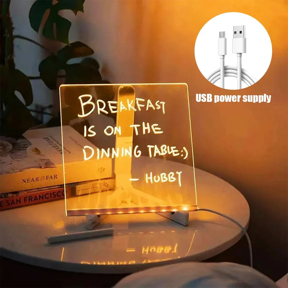 USB LED Night Light Acrylic Message Note Board Lamp With Stand Erasable Children Drawing Board Bedroom Night Lamp Christmas Gift Peaceful Pleasures Health and Wellness