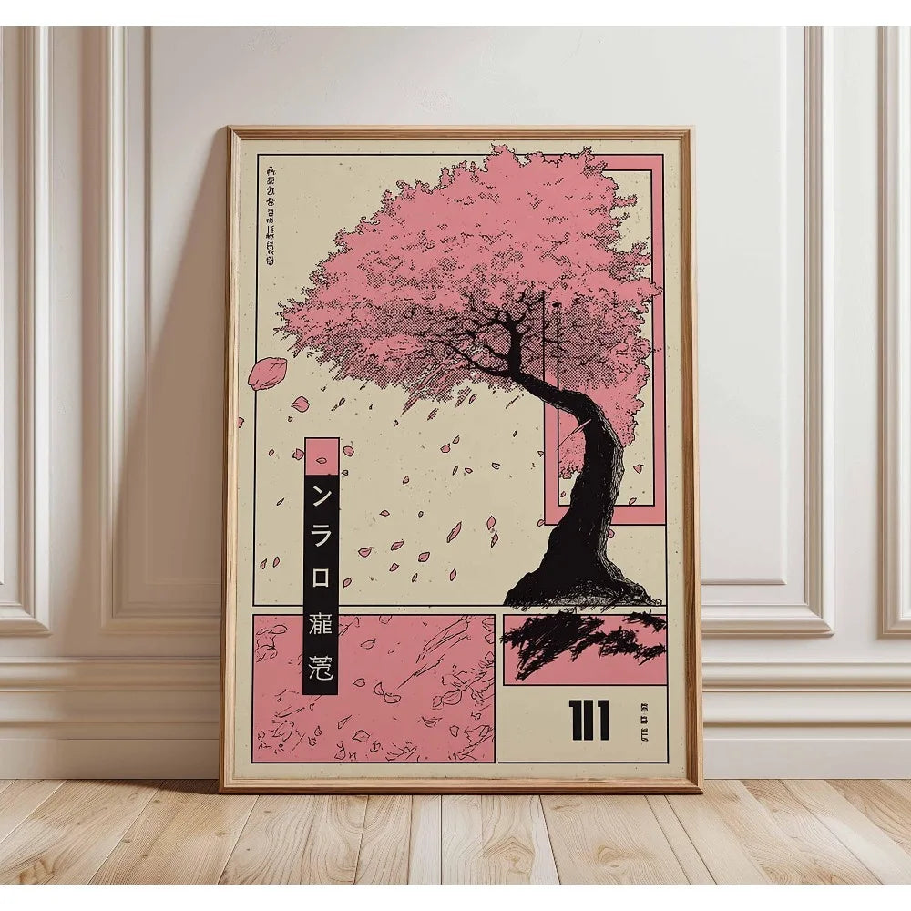 1 Frameless Japanese Tree Poster,Retro Landscape Painting,Natural Wall Art Print,Peaceful Landscape Art,Spring Flower Decoration Peaceful Pleasures Health and Wellness