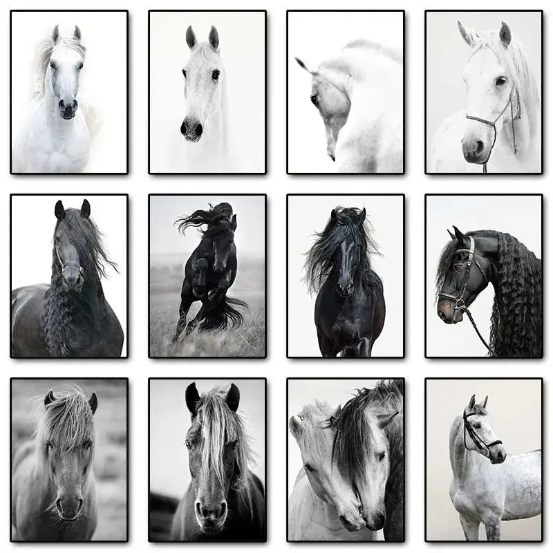 Black and White Horse Portrait Poster Print Canvas Painting Horses Running Animal Wall Picture for Farmhouse Room Home Decor Peaceful Pleasures Health and Wellness