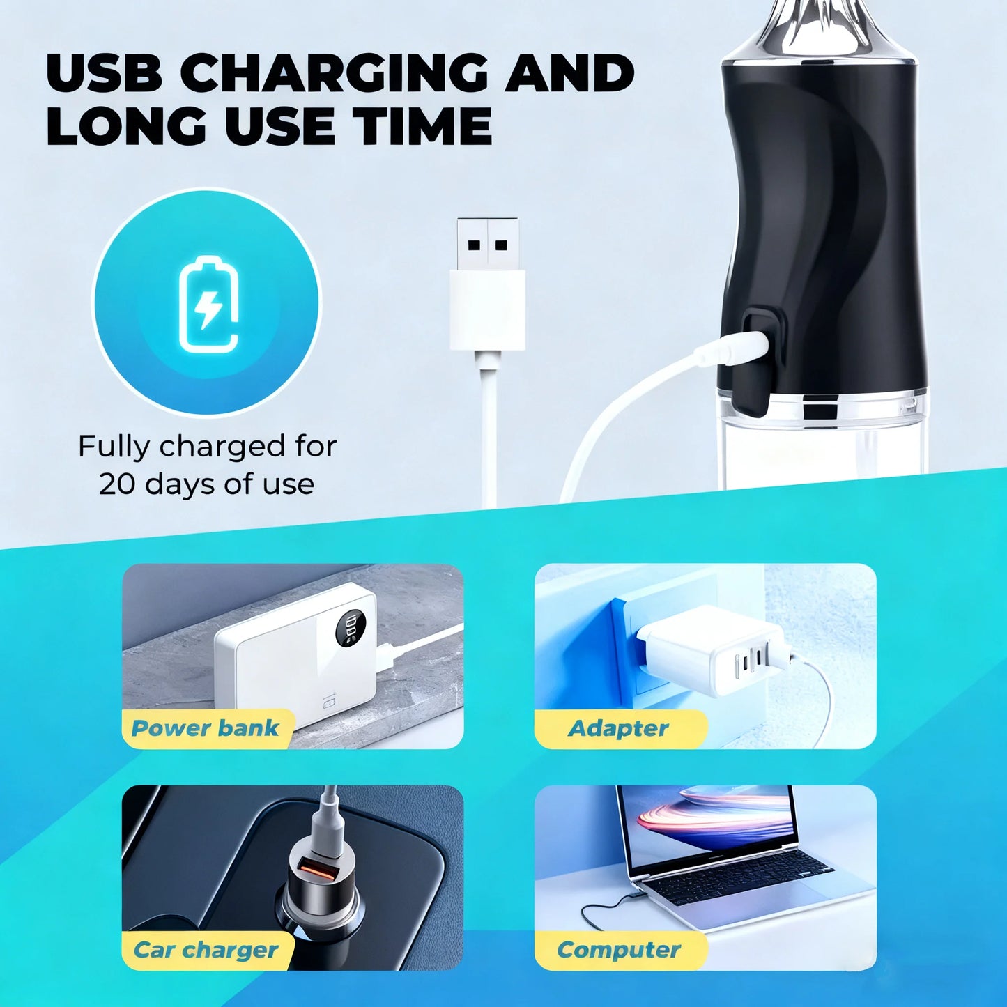 Oral Irrigator Portable USB Rechargeable Dental Water Flosser Water Jet Floss Tooth Pick 4 Jet Tip 220ml 3 Modes IPX7 Waterproof Peaceful Pleasures Health and Wellness