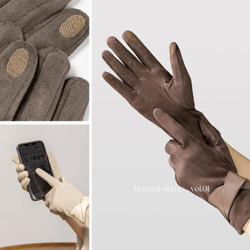 Women's Suede Touchscreen Winter Gloves – Warm Velvet Bow